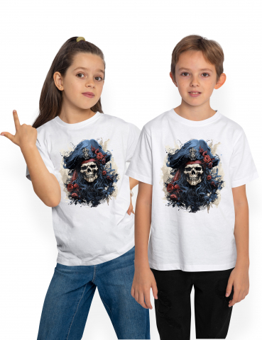 Copii Unisex - 12 Ani - Tricou Copii cu un craniu cu palarie de pirat, ilustratie, trandafiri, abstract, corabie, jefuitori  100% Bumbac, Unisex, Alb, 12 Ani, 64CM