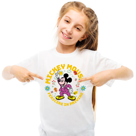 Desene Animate - Tricou Copii cu Un dans jucaus al lui Mickey Mouse in tara florilor vesele 100% Bumbac, Alb, 8 Ani