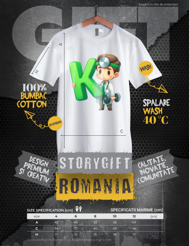 Tricou Copii cu un doctor care tine litera "K", ilustratie, scoala, medicina, alfabet, invata, abecedar,  100% Bumbac, Unisex, Alb, 8 Ani, 52CM [2]