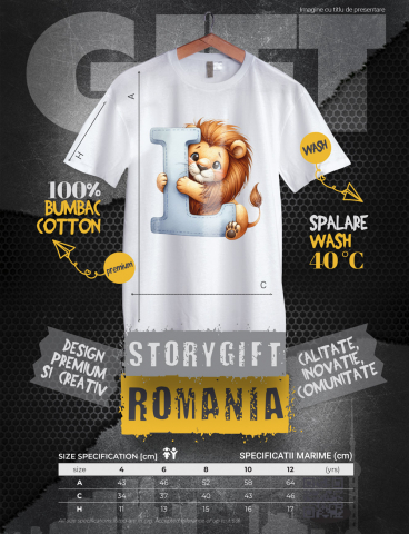 Tricou Copii cu un leu cu litera "L", ilustratie, pentru copii, scoala, elev, alfabet, abecedar  100% Bumbac, Unisex, Alb, 10 Ani, 58CM [1]