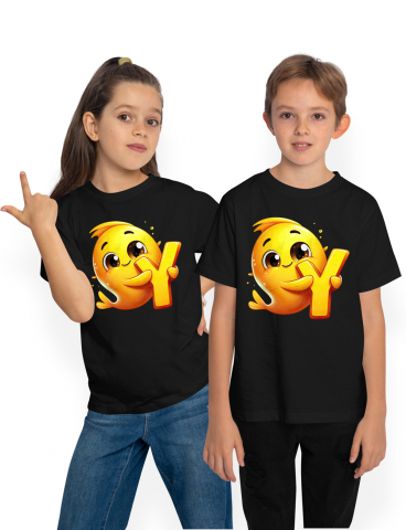 Tricouri Copii - Tricou Copii cu un pestisor de aur cu litera "Y", ilustratie, pentru copii, scoala, elev, abecedar, alfabet  100% Bumbac, Unisex, Negru, 10 Ani, 58CM