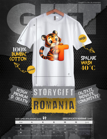 Tricou Copii cu un tigru cu litera "T", ilustratie, pentru copii, scoala, elev, abecedar, alfabet, scrie, invata  100% Bumbac, Unisex, Alb, 12 Ani, 64CM [2]