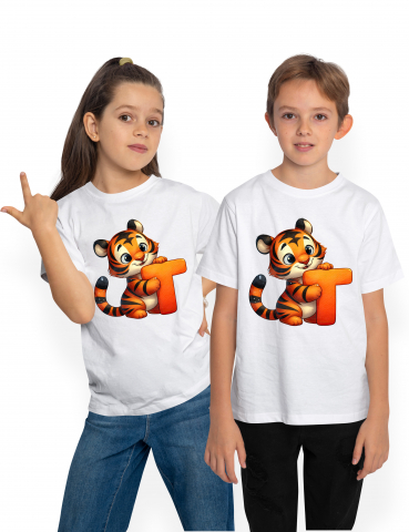 Copii Unisex - 12 Ani - Tricou Copii cu un tigru cu litera "T", ilustratie, pentru copii, scoala, elev, abecedar, alfabet, scrie, invata  100% Bumbac, Unisex, Alb, 12 Ani, 64CM