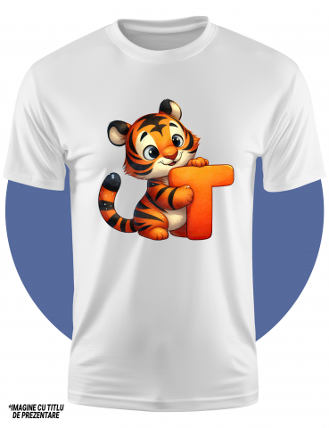 Tricou Copii cu un tigru cu litera "T", ilustratie, pentru copii, scoala, elev, abecedar, alfabet, scrie, invata  100% Bumbac, Unisex, Alb, 12 Ani, 64CM [1]