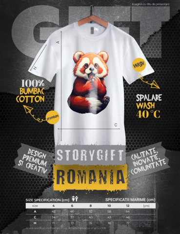 Tricou Copii cu un urs Panda Rosu socat, ilustratie, a vazut ceva ireal, nu ii vine sa creada, uimit, frica,  100% Bumbac, Unisex, Alb, 8 Ani, 52CM [2]