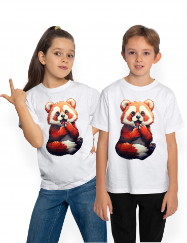Copii Unisex - 8 Ani - Tricou Copii cu un urs Panda Rosu socat, ilustratie, a vazut ceva ireal, nu ii vine sa creada, uimit, frica,  100% Bumbac, Unisex, Alb, 8 Ani, 52CM