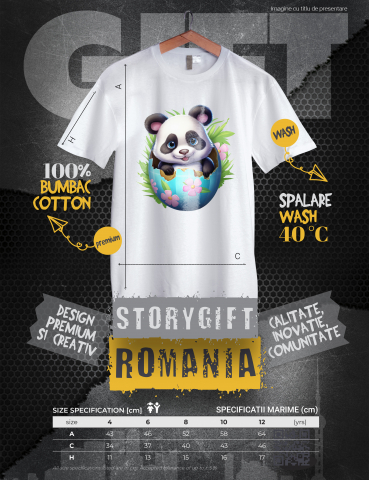 Tricou Copii cu un ursulet Panda care iese dintr-un ou spart, ilustratie, floricele, a venit pe lume, ierburi, fericire,  100% Bumbac, Unisex, Alb, 8 Ani, 52CM [1]