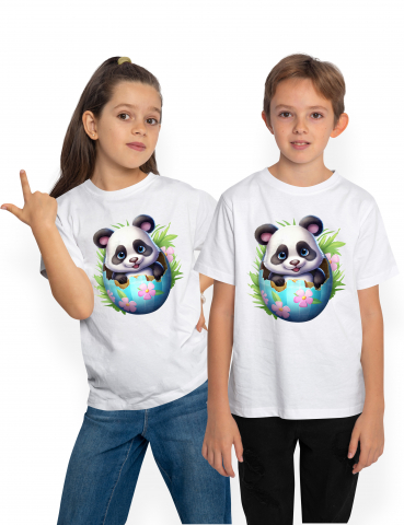Copii Unisex - 8 Ani - Tricou Copii cu un ursulet Panda care iese dintr-un ou spart, ilustratie, floricele, a venit pe lume, ierburi, fericire,  100% Bumbac, Unisex, Alb, 8 Ani, 52CM