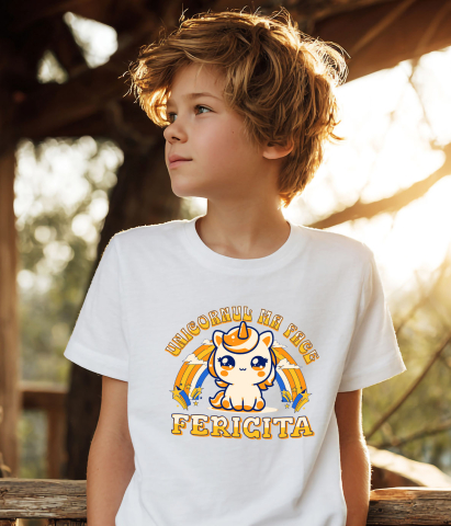 Tricou Femei, Barbati, Copii, Fata, Baiat, Unisex Personalizat Unicorn Galben Colorat cu Curcubeu – „Unicornul Mă Face Fericită” | Cadou Personalizat [3]