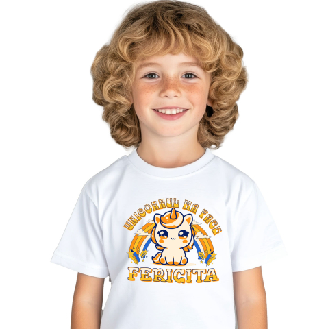 Tricou Femei, Barbati, Copii, Fata, Baiat, Unisex Personalizat Unicorn Galben Colorat cu Curcubeu – „Unicornul Mă Face Fericită” | Cadou Personalizat [1]