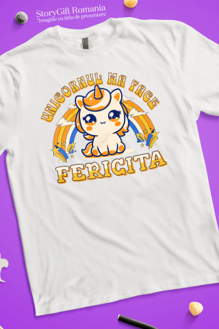 Tricou Femei, Barbati, Copii, Fata, Baiat, Unisex Personalizat Unicorn Galben Colorat cu Curcubeu – „Unicornul Mă Face Fericită” | Cadou Personalizat [2]