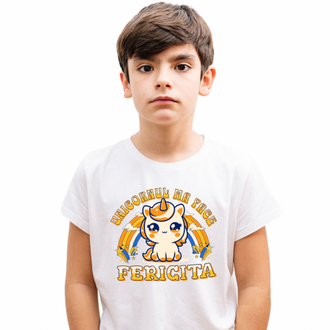 Tricou Femei, Barbati, Copii, Fata, Baiat, Unisex Personalizat Unicorn Galben Colorat cu Curcubeu – „Unicornul Mă Face Fericită” | Cadou Personalizat