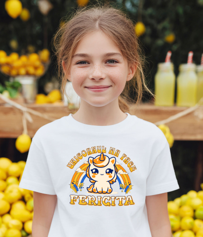 Tricou Femei, Barbati, Copii, Fata, Baiat, Unisex Personalizat Unicorn Galben Colorat cu Curcubeu – „Unicornul Mă Face Fericită” | Cadou Personalizat [2]