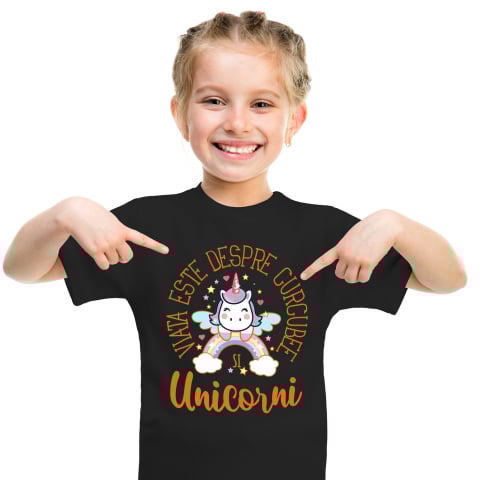 COPII - Tricou Femei, Barbati, Copii, Fata, Baiat, Unisex Personalizat Unicorn pe Curcubeu Multicolor – Cadou Personalizat pentru Copii și Familie