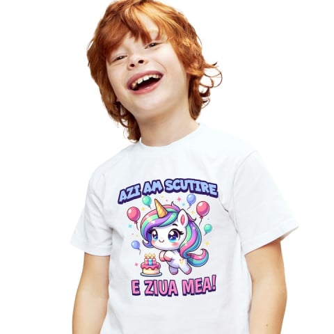 Copii Unisex - 8 Ani - Tricou Copii cu Unicorn Vesel Multicolor Cu Coif Aniversar Baloane Petrecere Copii cu imprimeu pe Fata, 100% Bumbac, Alb, 8 Ani