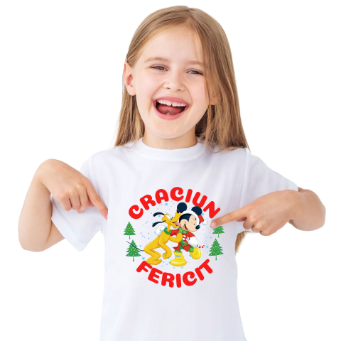 Tricouri - Tricou Copii cu Univers Disney cu Mickey Mouse si Pluto de Craciun 100% Bumbac, Alb, 10 Ani