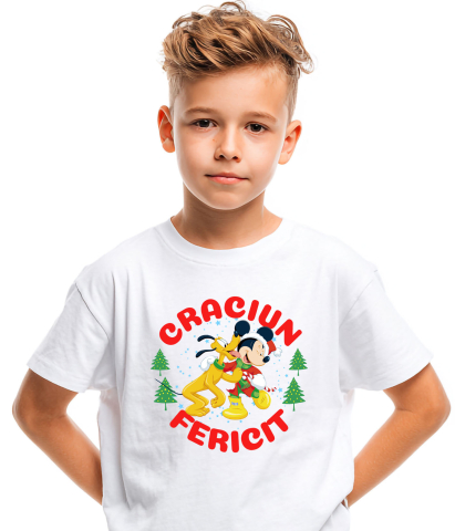 Tricou Copii cu Univers Disney cu Mickey Mouse si Pluto de Craciun 100% Bumbac, Alb, 10 Ani [3]