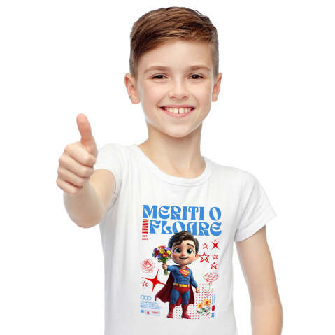 Tricouri - Tricou Copii cu Univers Disney cu Superman si Flori 100% Bumbac, Alb, 6 Ani