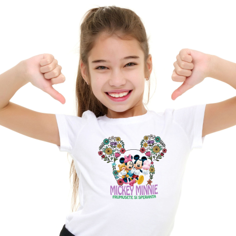 Desene Animate - Tricou Copii cu Ursulet si Vata de Bat alaturi de Mickey si Minnie 100% Bumbac, Alb, 10 Ani