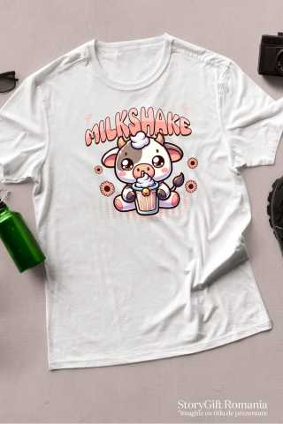 Tricou Femei, Barbati, Copii, Fata, Baiat, Unisex Personalizat „Vacă Adorabilă cu Pahar Roz – Milshake și Natură, Cadou Personalizat pentru Copii și Familie” [2]