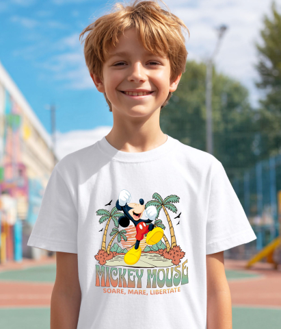 Tricou Copii cu Vacanta Perfecta cu Mickey Mouse sub Palmieri 100% Bumbac, Alb, 12 Ani [3]