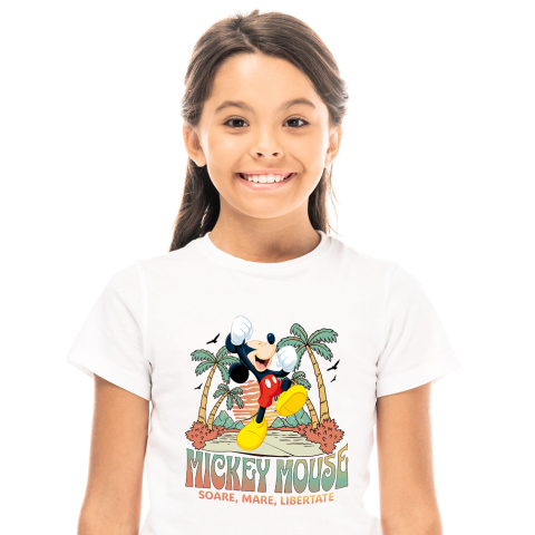 Plaja - Tricou Copii cu Vacanta Perfecta cu Mickey Mouse sub Palmieri 100% Bumbac, Alb, 12 Ani
