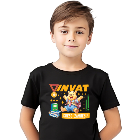 Educatie - Tricou Copii cu Winnie de Plus – Descopera si Invata 100% Bumbac, Negru, 12 Ani