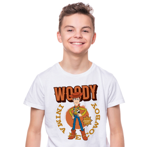 Desene Animate - Tricou Copii cu Woody la datorie, cu zambet si caciula 100% Bumbac, Alb, 4 Ani