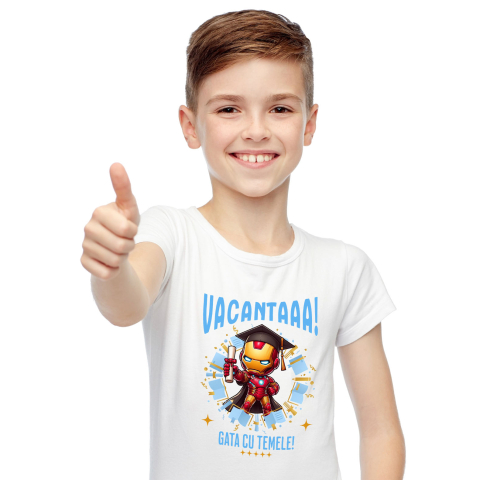 Educatie - Tricou Copii cu Zile de Vacanta cu Iron Man si Diplome 100% Bumbac, Alb, 6 Ani