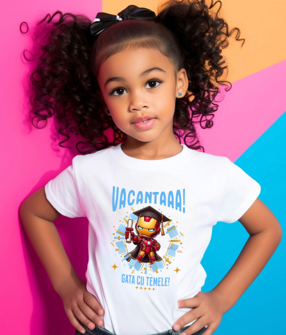 Tricou Copii cu Zile de Vacanta cu Iron Man si Diplome 100% Bumbac, Alb, 6 Ani [3]