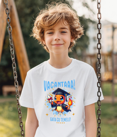 Tricou Copii cu Zile Vesel de Vacanta cu Charmander si Diplome 100% Bumbac, Alb, 10 Ani [2]