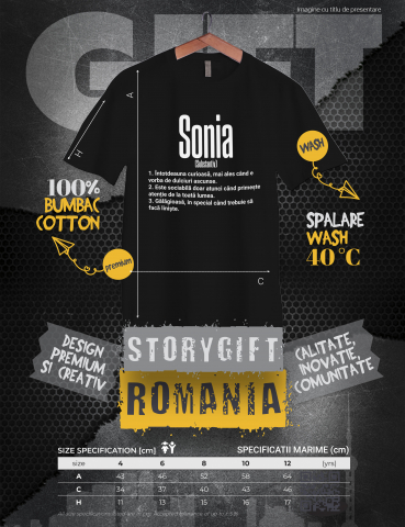 Tricou Copii Fete Cu Numele Sonia, si Mesaj Amuzant, Curioasa, Sociabila, Galagioasa 100% Bumbac, Unisex, Negru, 12 Ani, 158CM [2]