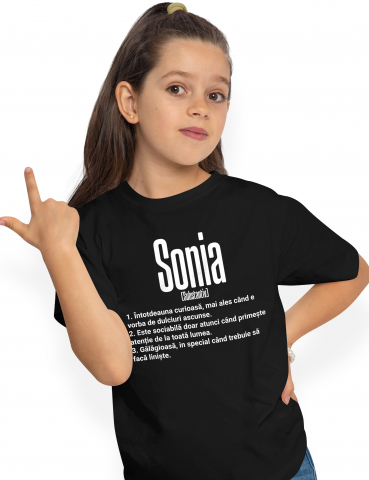 Copii Unisex - 12 Ani - Tricou Copii Fete Cu Numele Sonia, si Mesaj Amuzant, Curioasa, Sociabila, Galagioasa 100% Bumbac, Unisex, Negru, 12 Ani, 158CM