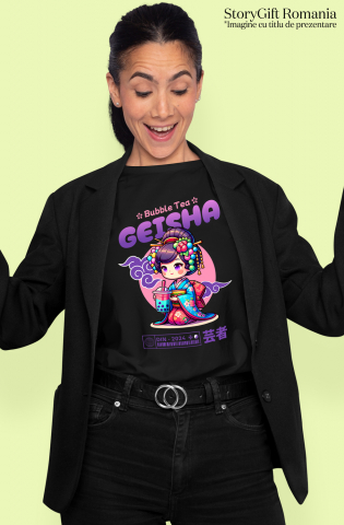 Tricou Femei Bubble Tea de Geisha asiatica stil anime japonia cu imprimeu pe Fata, 100% Bumbac, Negru, XL [1]