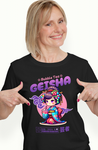 Tricouri Femei - Tricou Femei Bubble Tea de Geisha asiatica stil anime japonia cu imprimeu pe Fata, 100% Bumbac, Negru, XL
