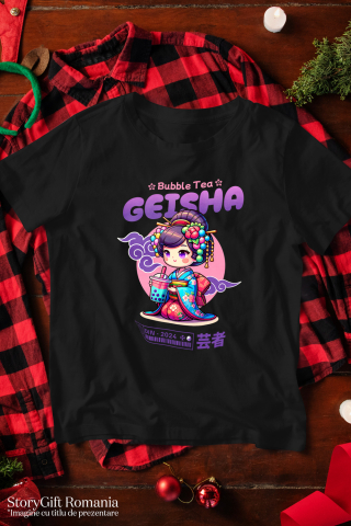 Tricou Femei Bubble Tea de Geisha asiatica stil anime japonia cu imprimeu pe Fata, 100% Bumbac, Negru, XL [2]