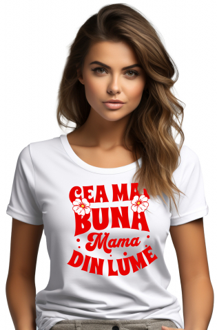 Femei - Marimea M - Tricou Femei Cea-mai-buna-mama, mom, fiica familie cu imprimeu pe Fata, 100% Bumbac, Alb, M