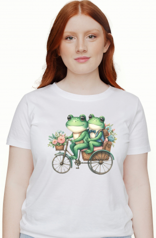 Femei - Marimea S - Tricou Femei cu 2 broaste care merg cu bicicleta, ilustratie, cosulete cu flori, il duce pe cel mic la scoala,  cu imprimeu pe Fata, 100% Bumbac, Alb, S