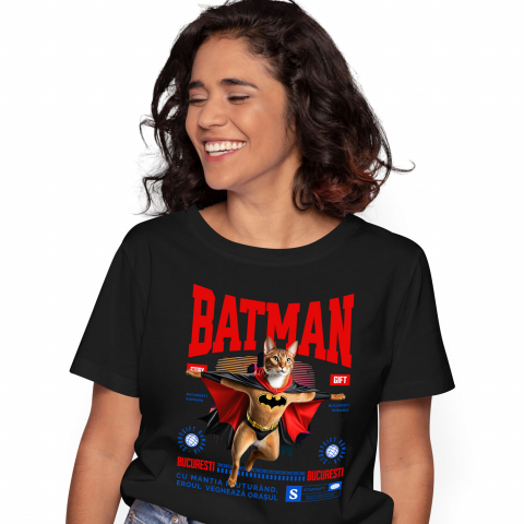 Tricou Femei, Barbati, Copii, Fata, Baiat, Unisex Personalizat Pisica Abisinian în Costum de Batman – Un Supererou Drăgălaș pentru Iubitorii de Pisici