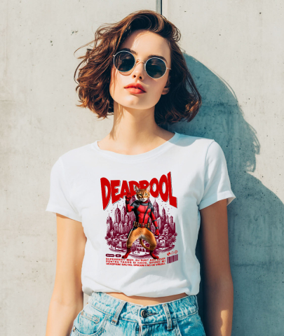 Tricou Femei, Barbati, Copii, Fata, Baiat, Unisex Personalizat Pisică Abisiniană în Costum Deadpool – Supererou Amuzant pentru Iubitorii de Pisici [1]