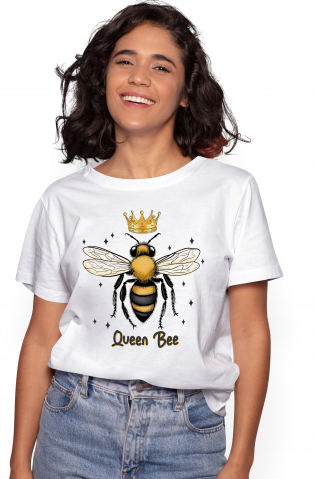 Femei - Marimea L - Tricou Femei cu albina cu coroana si cu stelute in jur cu mesajul "Queen Bee", regina albina, conducere, lider, insecta, ilustratie  cu imprimeu pe Fata, 100% Bumbac, Alb, L