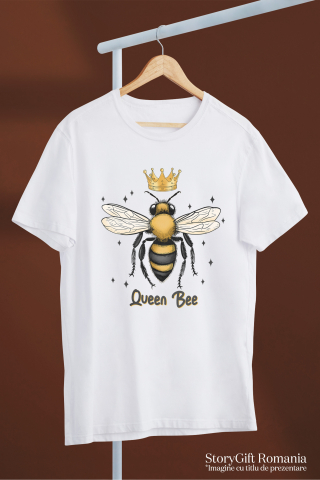 Tricou Femei cu albina cu coroana si cu stelute in jur cu mesajul "Queen Bee", regina albina, conducere, lider, insecta, ilustratie  cu imprimeu pe Fata, 100% Bumbac, Alb, L [2]