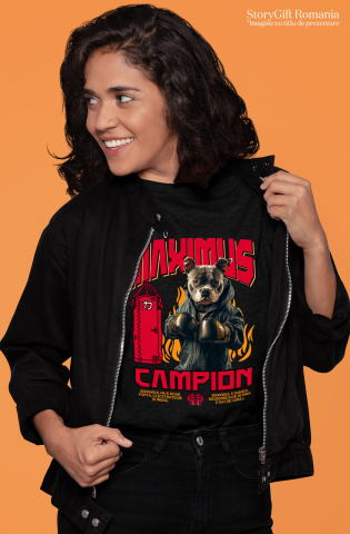 Tricou Femei cu Animal Boxer In Hanorac, Sac de Box, Flacari, Peronalizata cu Numele si Poza Animalului Tau cu imprimeu pe Fata, 100% Bumbac, Negru, XS [1]