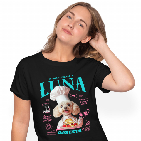 Tricouri - Tricou Femei cu Animal Bucatar, Cofetar, Patiser, Peronalizata cu Numele si Poza Animalului Tau cu imprimeu pe Fata, 100% Bumbac, Negru, M