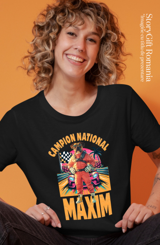 Tricou Femei cu Animal Campion la Cursele cu Masini, Peronalizata cu Numele si Poza Animalului Tau cu imprimeu pe Fata, 100% Bumbac, Negru, XS [1]