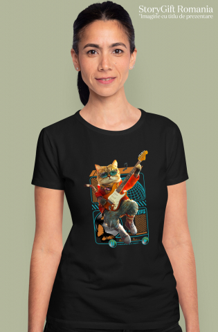 Tricou Femei cu Animal Cantand la Chitara, Peronalizata cu Numele si Poza Animalului Tau cu imprimeu pe Fata, 100% Bumbac, Negru, XS [1]