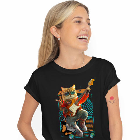 Personalizate cu Animalul Tau - Tricou Femei cu Animal Cantand la Chitara, Peronalizata cu Numele si Poza Animalului Tau cu imprimeu pe Fata, 100% Bumbac, Negru, XS