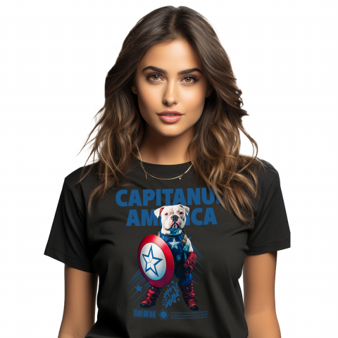Personalizate cu Animalul Tau - Tricou Femei cu Animal Capitanul America, Peronalizata cu Numele si Poza Animalului Tau cu imprimeu pe Fata, 100% Bumbac, Negru, XS