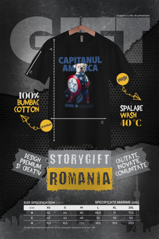 Tricou Femei cu Animal Capitanul America, Peronalizata cu Numele si Poza Animalului Tau cu imprimeu pe Fata, 100% Bumbac, Negru, XS [3]