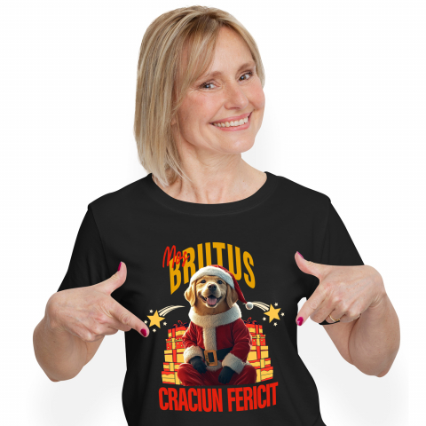 Personalizate cu Animalul Tau - Tricou Femei cu Animal Imbracat in Haine de Craciun, Cadouri, Peronalizata cu Numele si Poza Animalului Tau cu imprimeu pe Fata, 100% Bumbac, Negru, XS